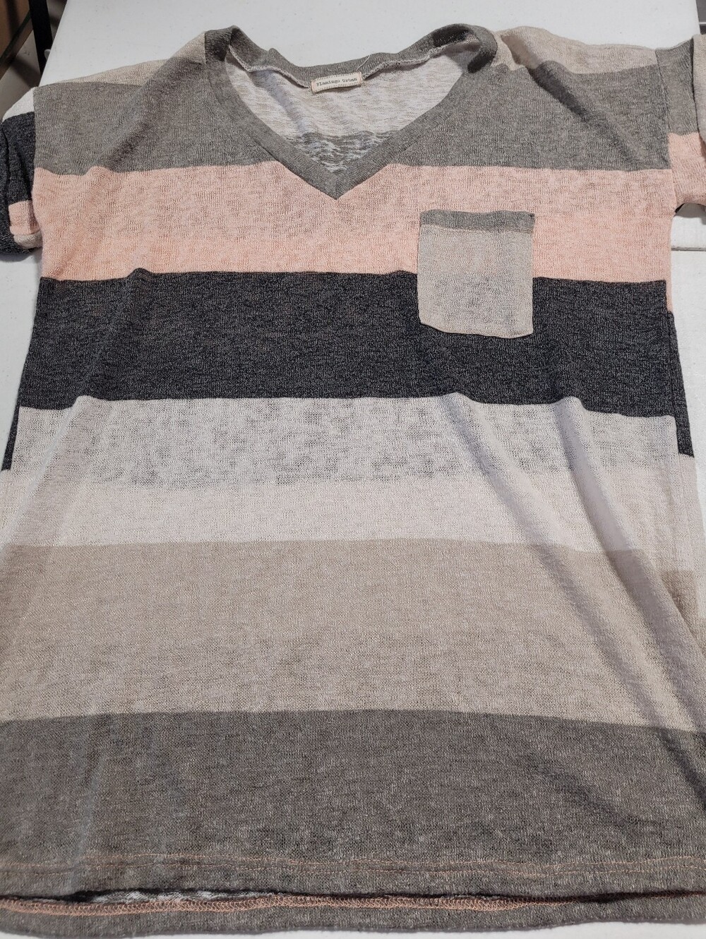 Flamingo Urban Striped V-Neck Pocket Top in Gray, Pink, Cream